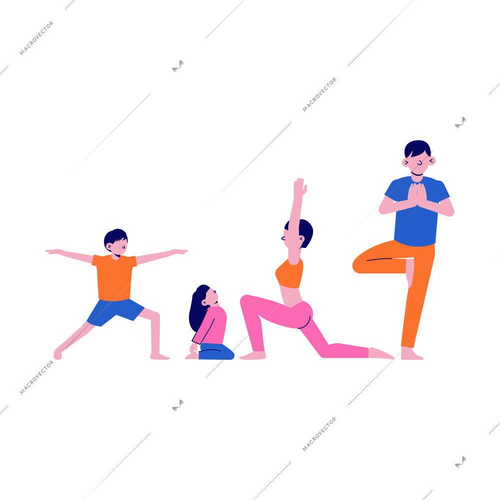 Family practising yoga asana together flat isolated vector illustration