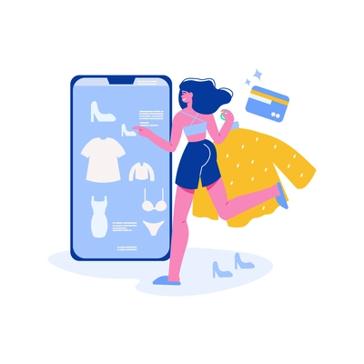 Online shopping flat concept with woman clothes and smartphone vector illustration