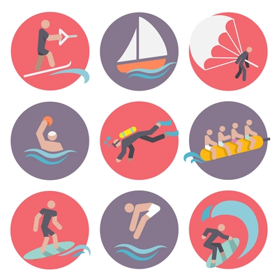 Water sports flat icons set with skiing sailboat wakeboarding isolated vector illustration