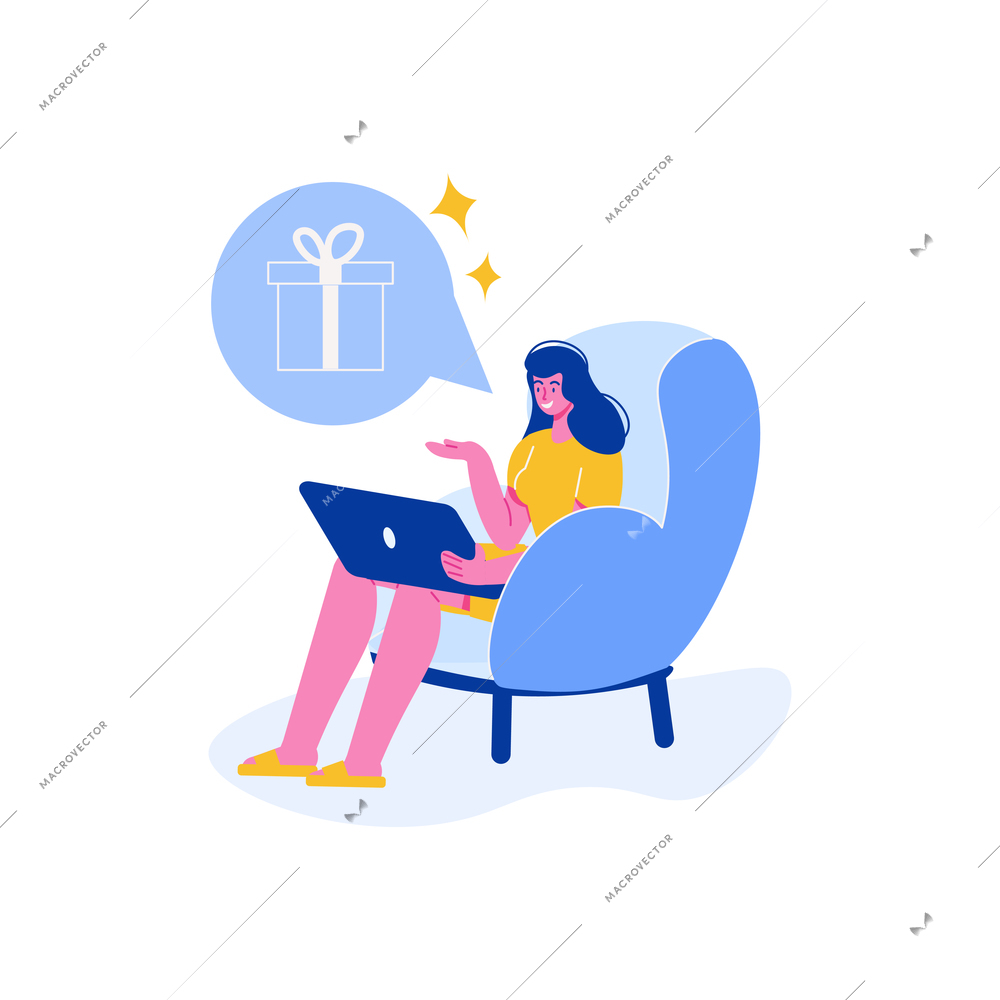 Online shopping color concept with woman buying present flat vector illustration