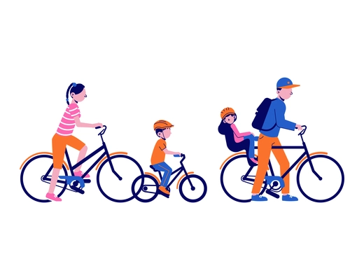 Family with two kids cycling flat isolated vector illustration