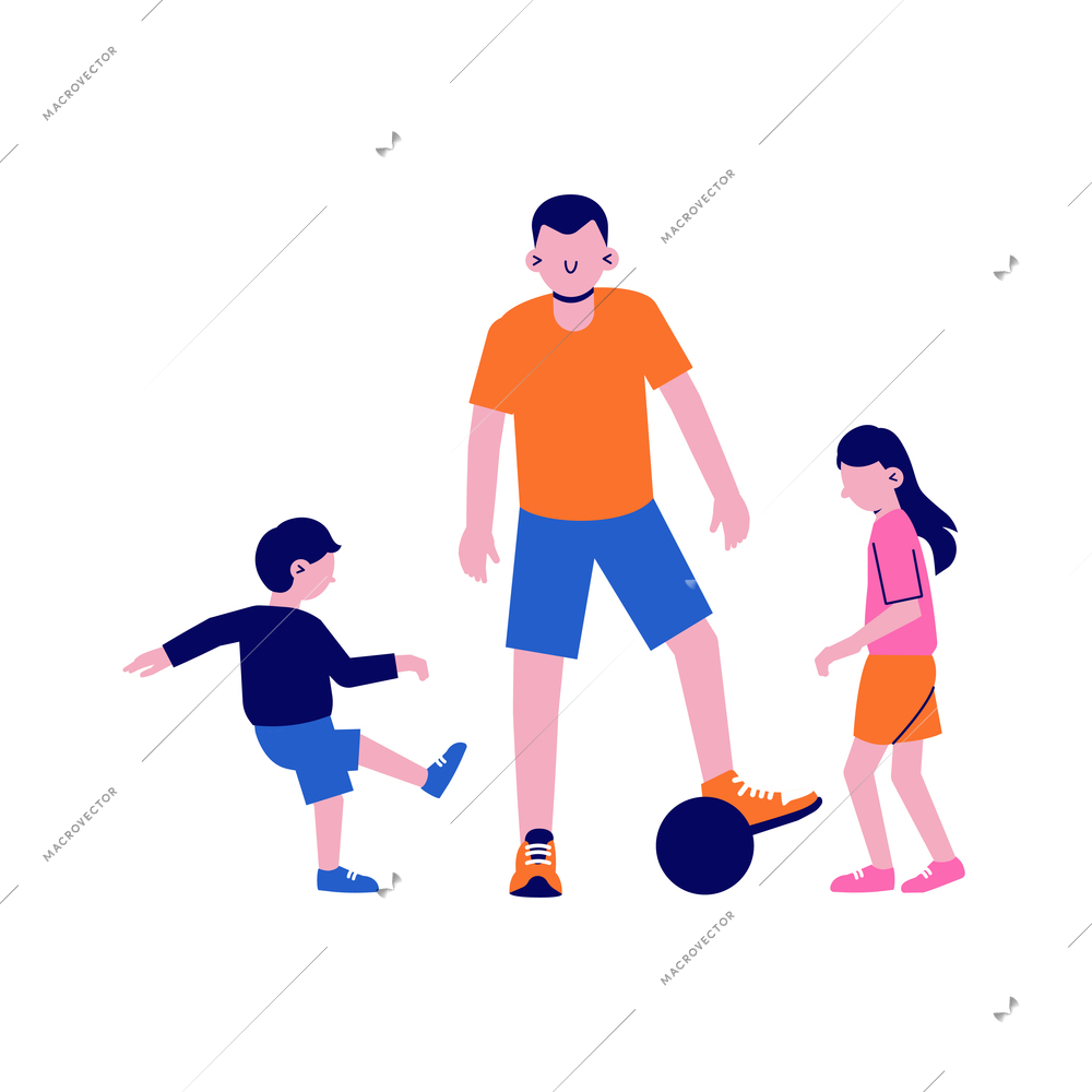 Flat design family sport icon dad playing football with kids isolated vector illustration