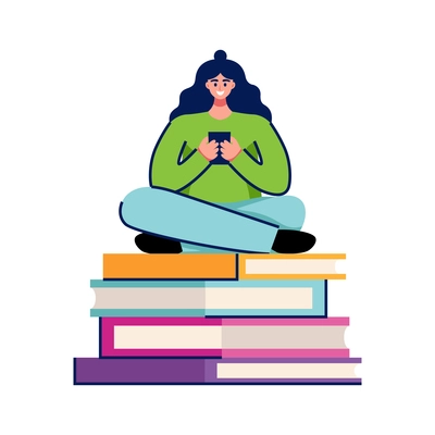 School concept with doodle human character sitting on stack of books vector illustration