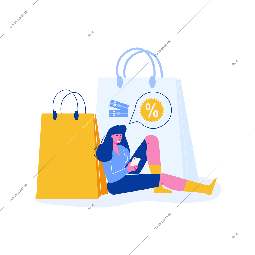 Flat concept of online shopping with woman and paper bags vector illustration