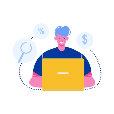 Happy man with laptop doing online shopping flat vector illustration