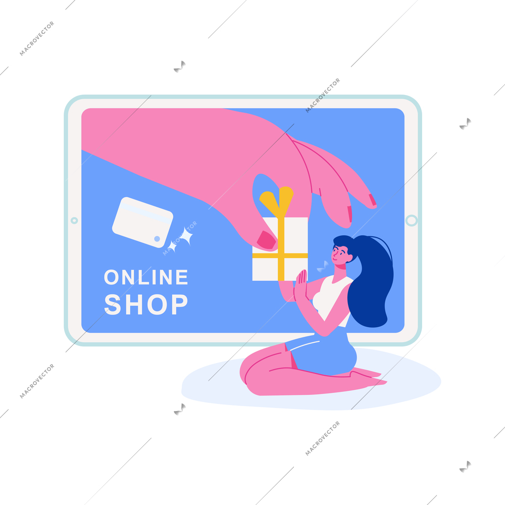 Online shopping flat concept with tablet and woman taking present vector illustration