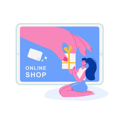 Online shopping flat concept with tablet and woman taking present vector illustration