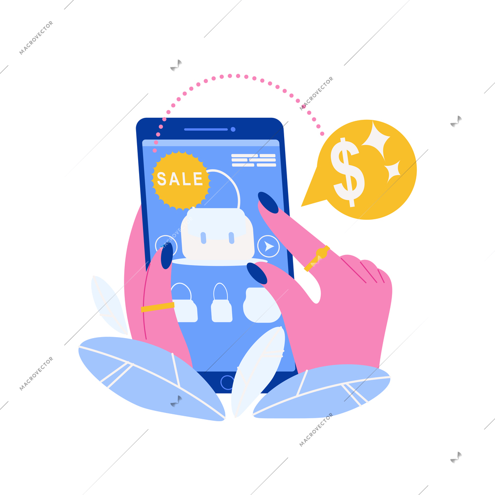 Shopping online flat concept with female hands and smartphone vector illustration
