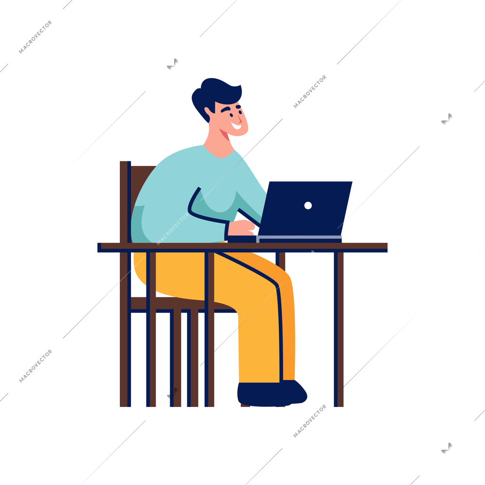 Doodle icon of smiling man working on laptop vector illustration