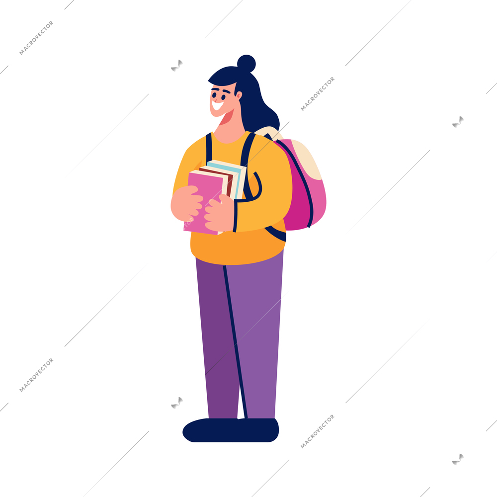 Happy female student with backpack and stack of books doodle icon vector illustration