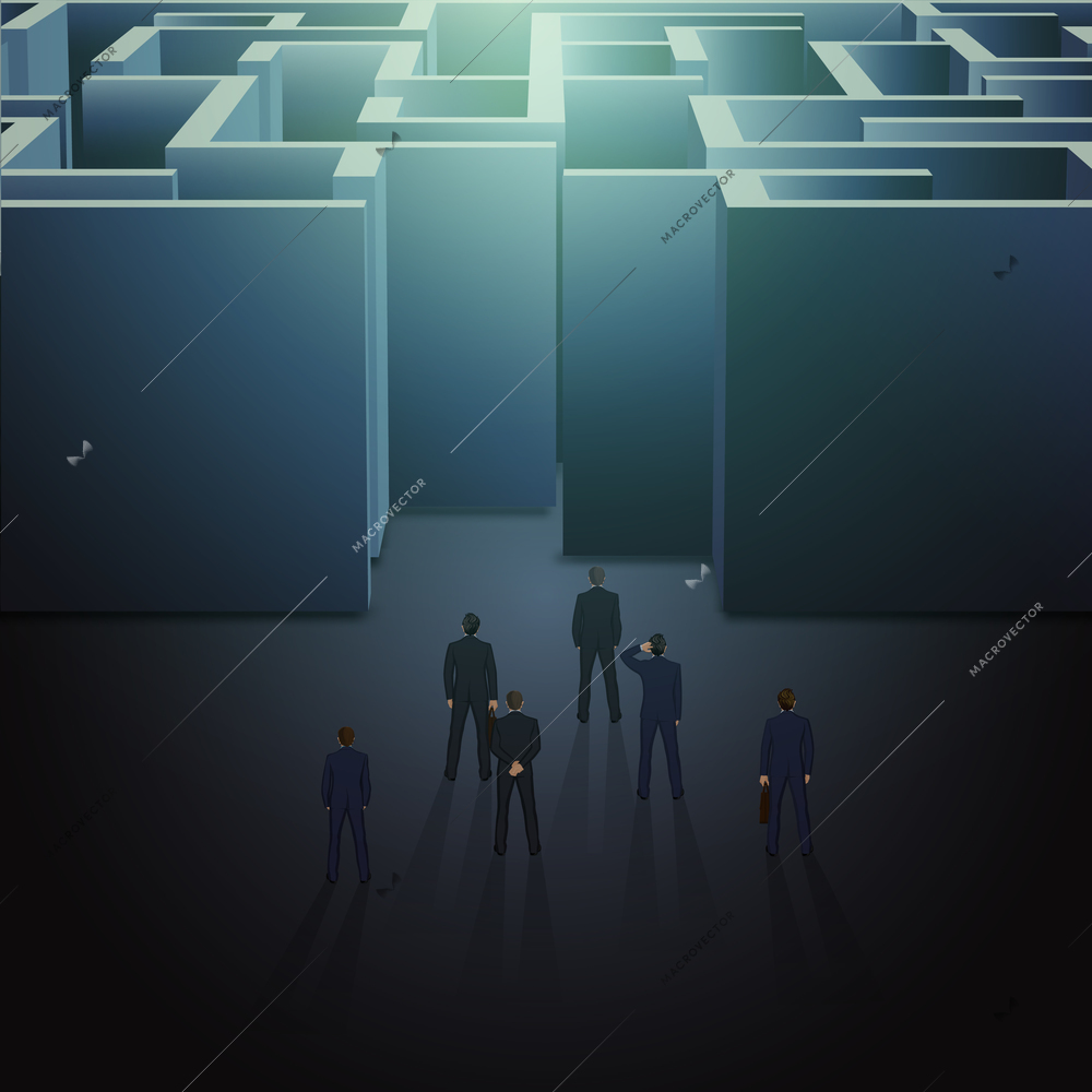 Group of people in front of huge maze entrance business concept vector illustration