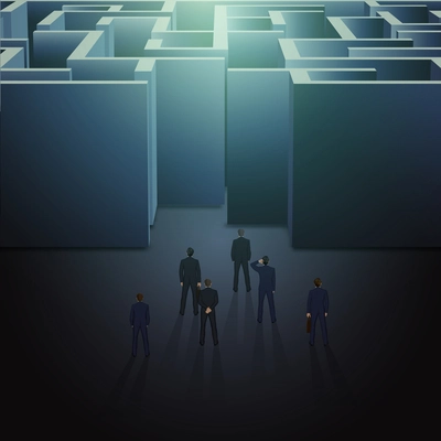 Group of people in front of huge maze entrance business concept vector illustration