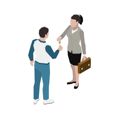 Real estate agent giving key to client 3d isometric vector illustration