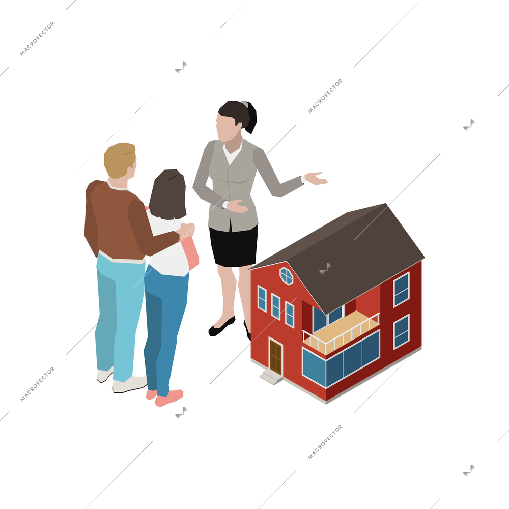 Real estate agent showing house to clients 3d isometric vector illustration