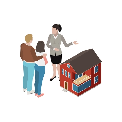 Real estate agent showing house to clients 3d isometric vector illustration