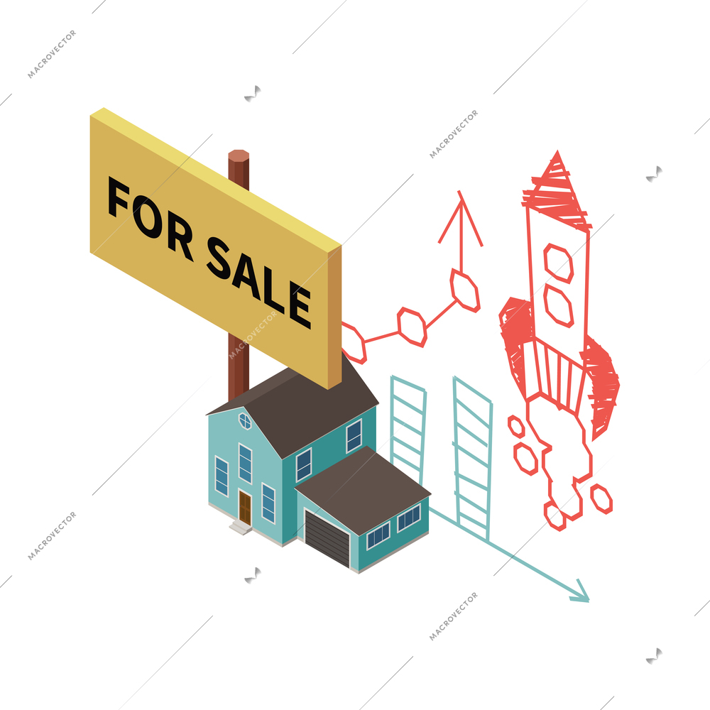 Isometric estate agency concept with 3d house for sale and hand drawn images vector illustration