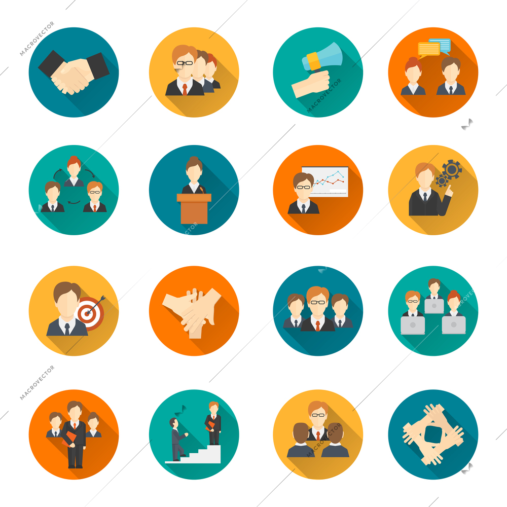 Teamwork corporate organization business strategy flat round button icons set isolated vector illustration