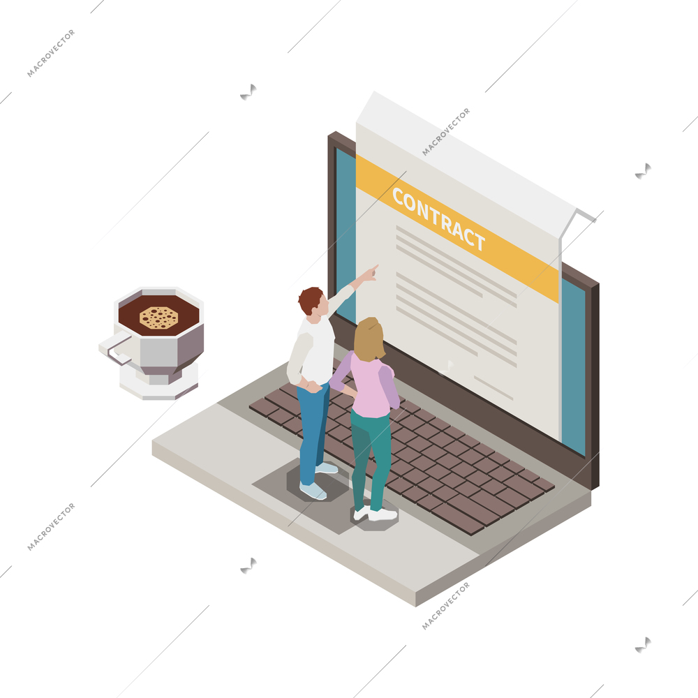 Human characters reading contract on laptop 3d isometric vector illustration