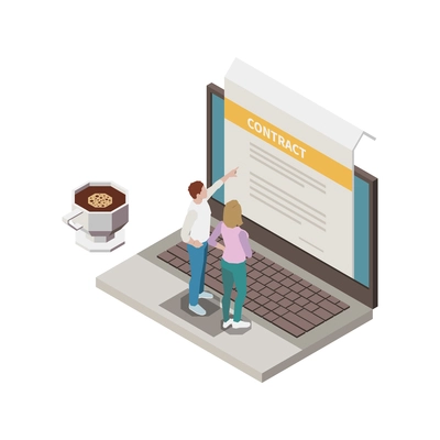 Human characters reading contract on laptop 3d isometric vector illustration