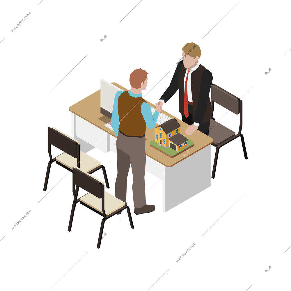 Client and real estate agency characters at office 3d isometric vector illustration