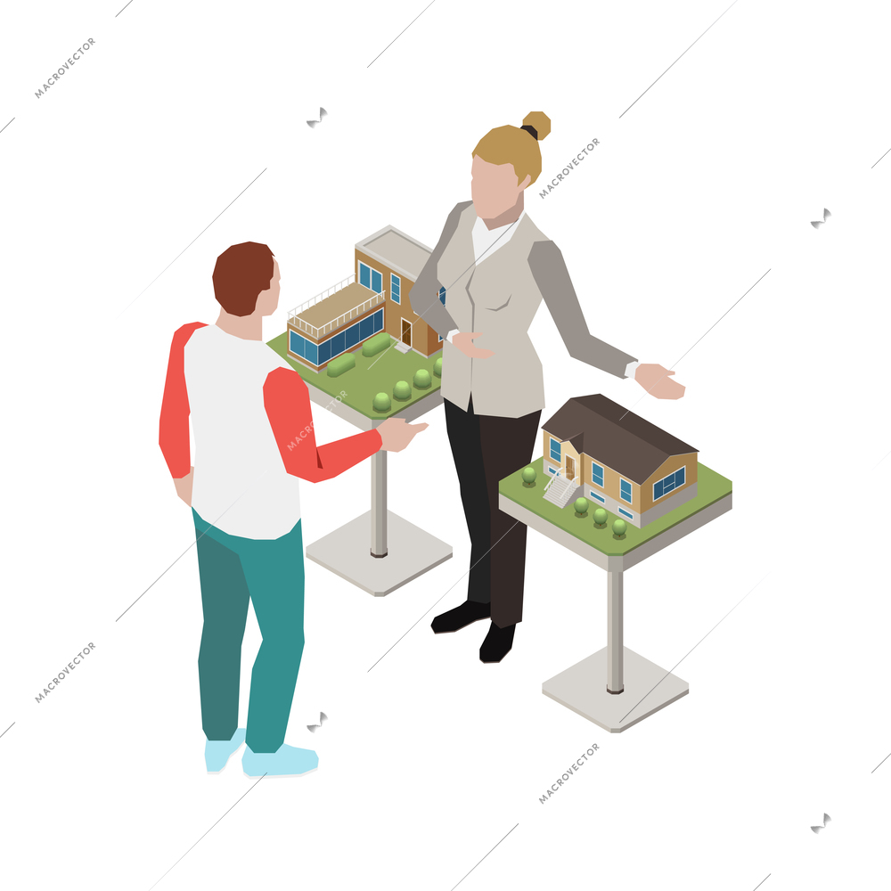 Real estate agent showing models of houses to client 3d isometric vector illustration