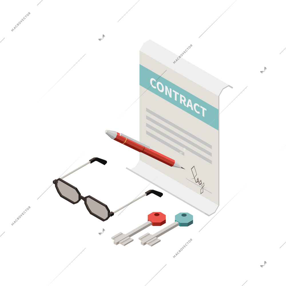 Isometric real estate agency contract two keys glasses pen 3d vector illustration