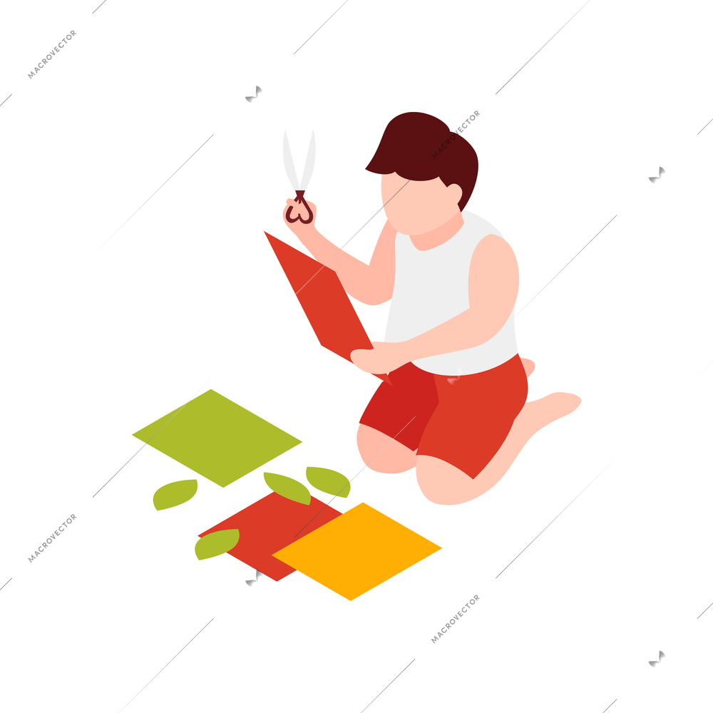 Craft lesson icon with little girl cutting paper 3d isometric vector illustration