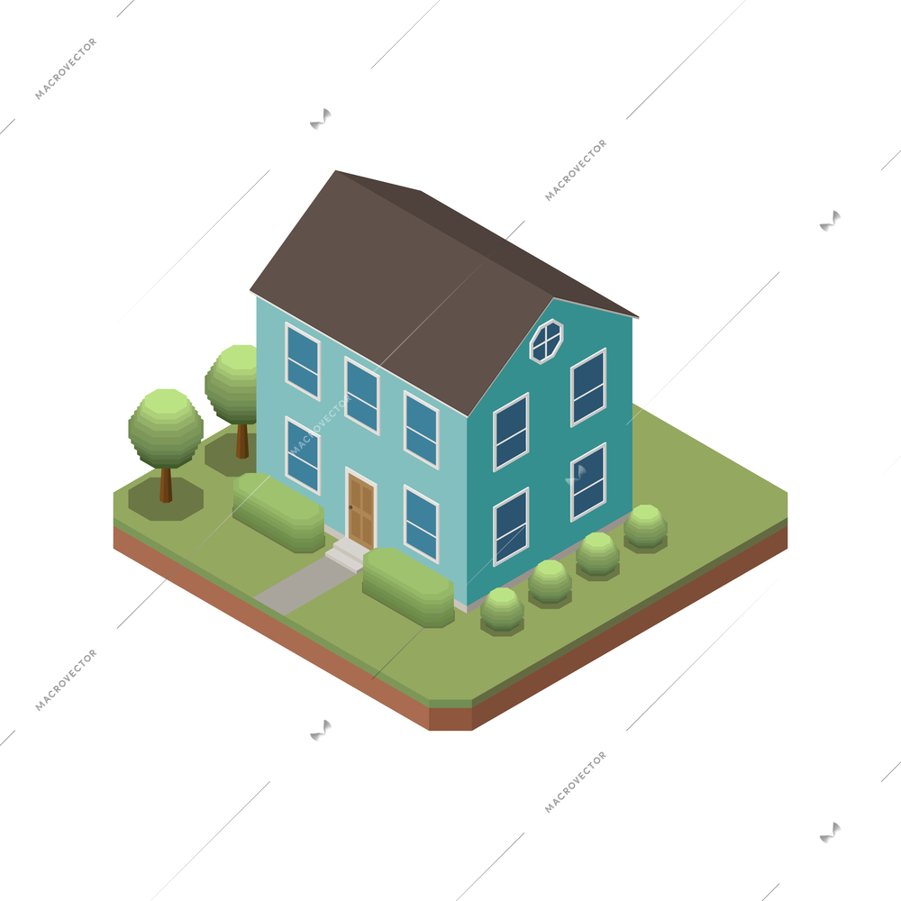 Isometric icon of two storeyed private house and garden 3d vector illustration