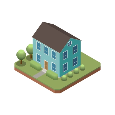 Isometric icon of two storeyed private house and garden 3d vector illustration