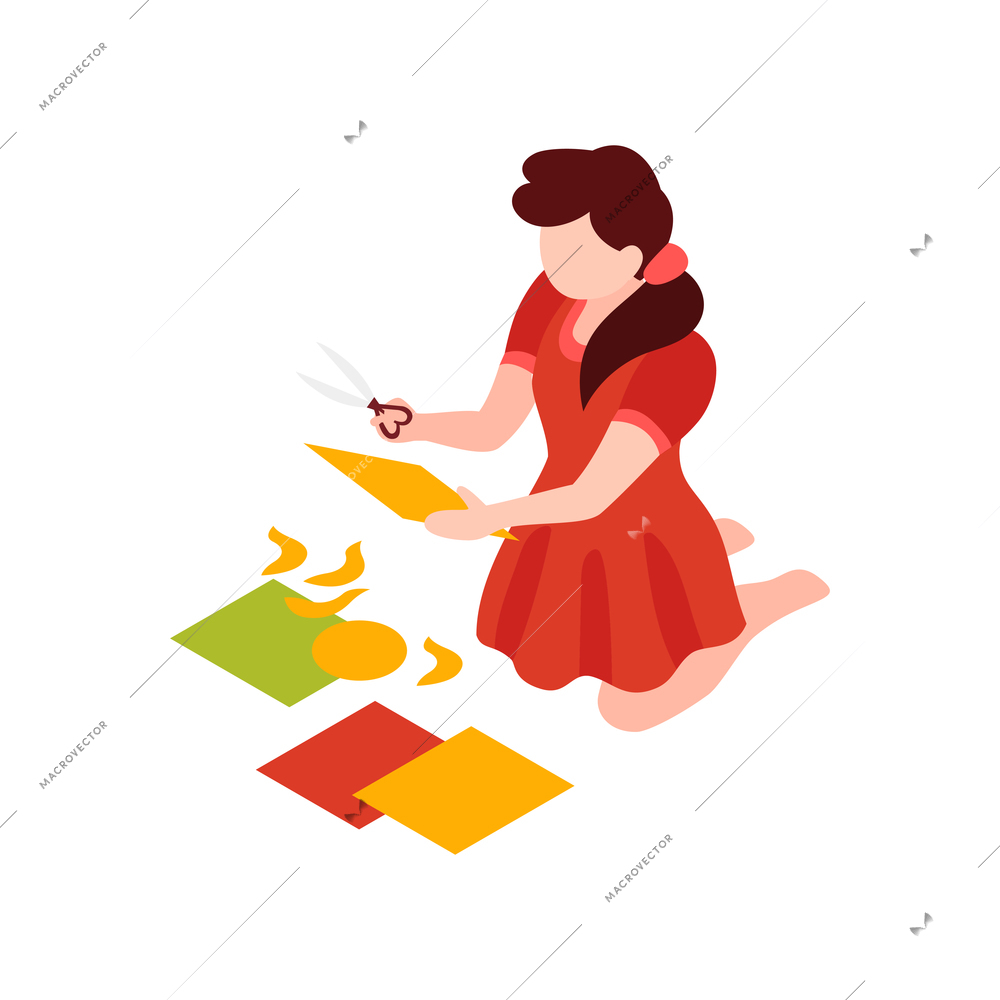 Girl cutting out colorful paper shapes at art lesson 3d isometric vector illustration