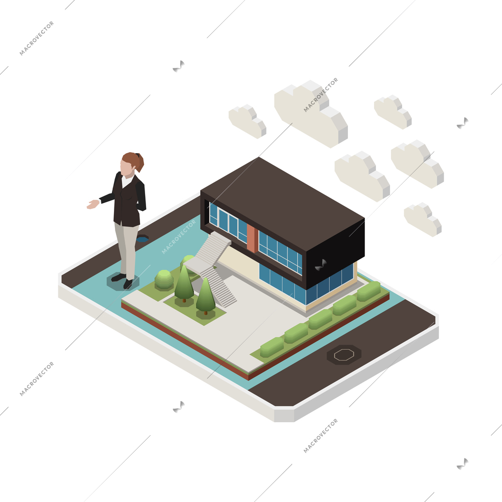 Real estate concept with agent character house and smartphone 3d isometric vector illustration