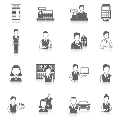 Salesman marketing business icons black set isolated vector illustration