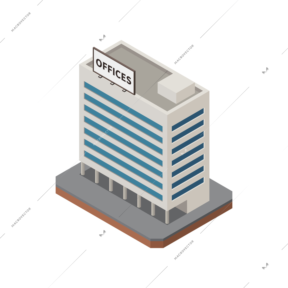 Many storeyed office centre building on white background 3d isometric vector illustration