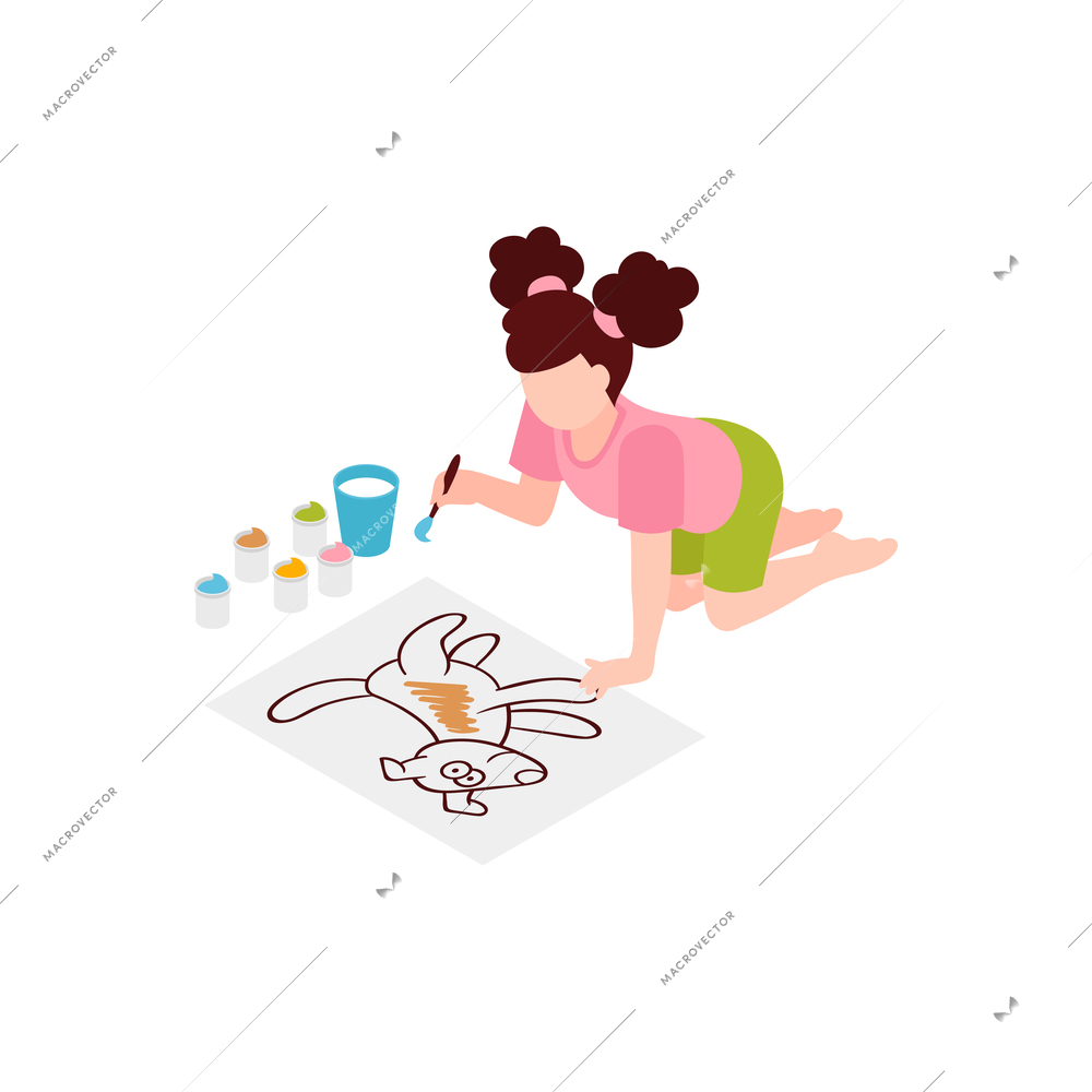 Girl coloring drawing with paints and brush on floor 3d isometric vector illustration
