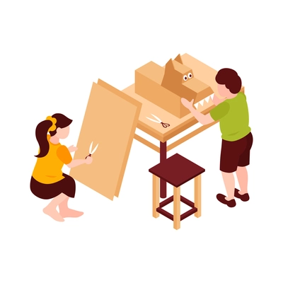 Boy and girl making cardboard animal at art lesson 3d isometric vector illustration