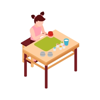 Girl painting with brush at art lesson 3d isometric icon vector illustration