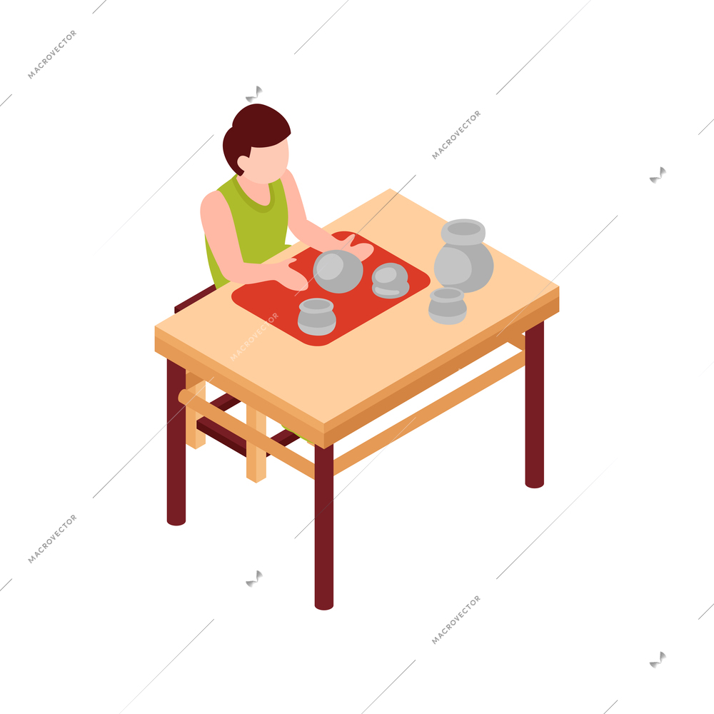 Isometric icon with girl doing pottery at art and craft lesson 3d vector illustration