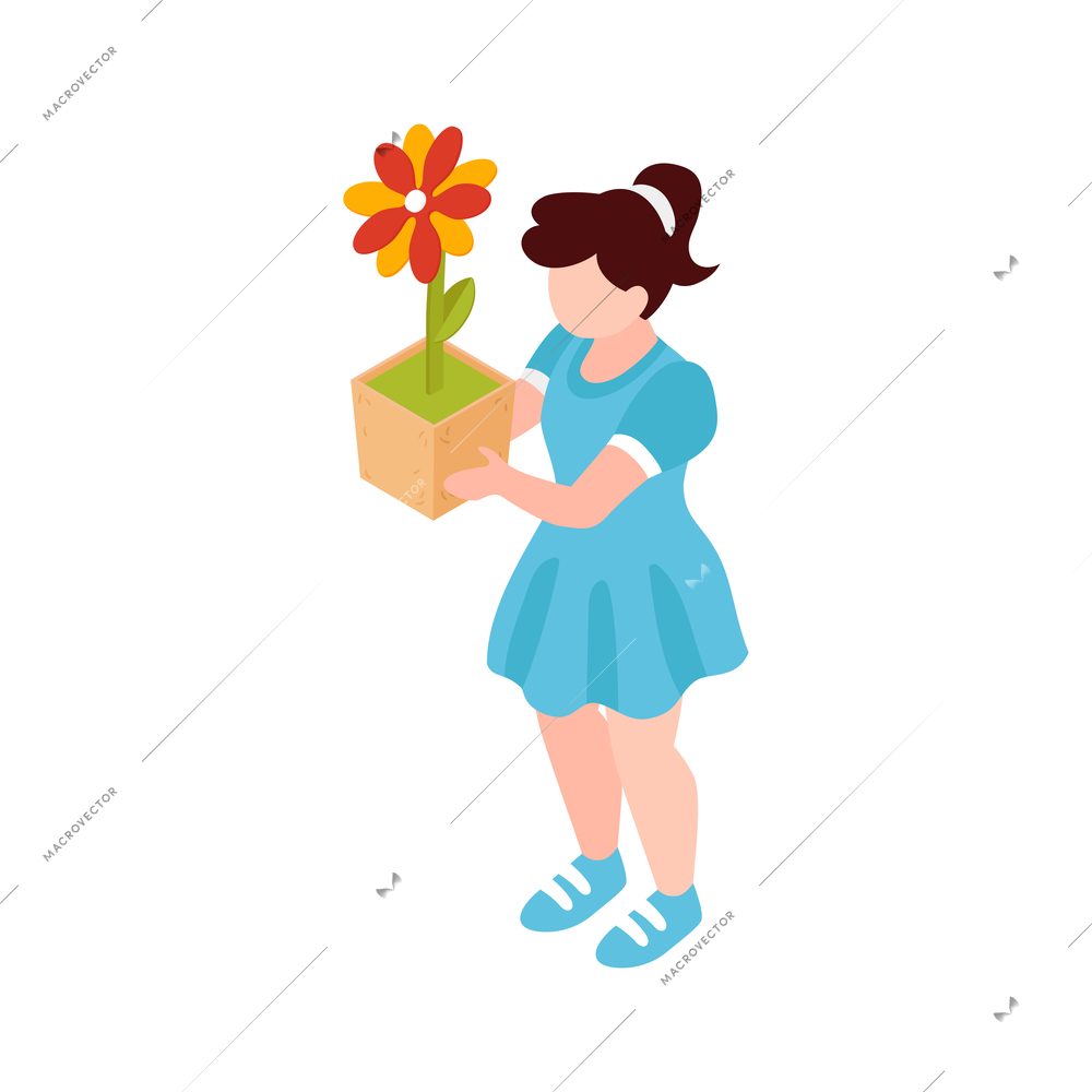 Little girl in blue dress holding pot with flower 3d isometric vector illustration