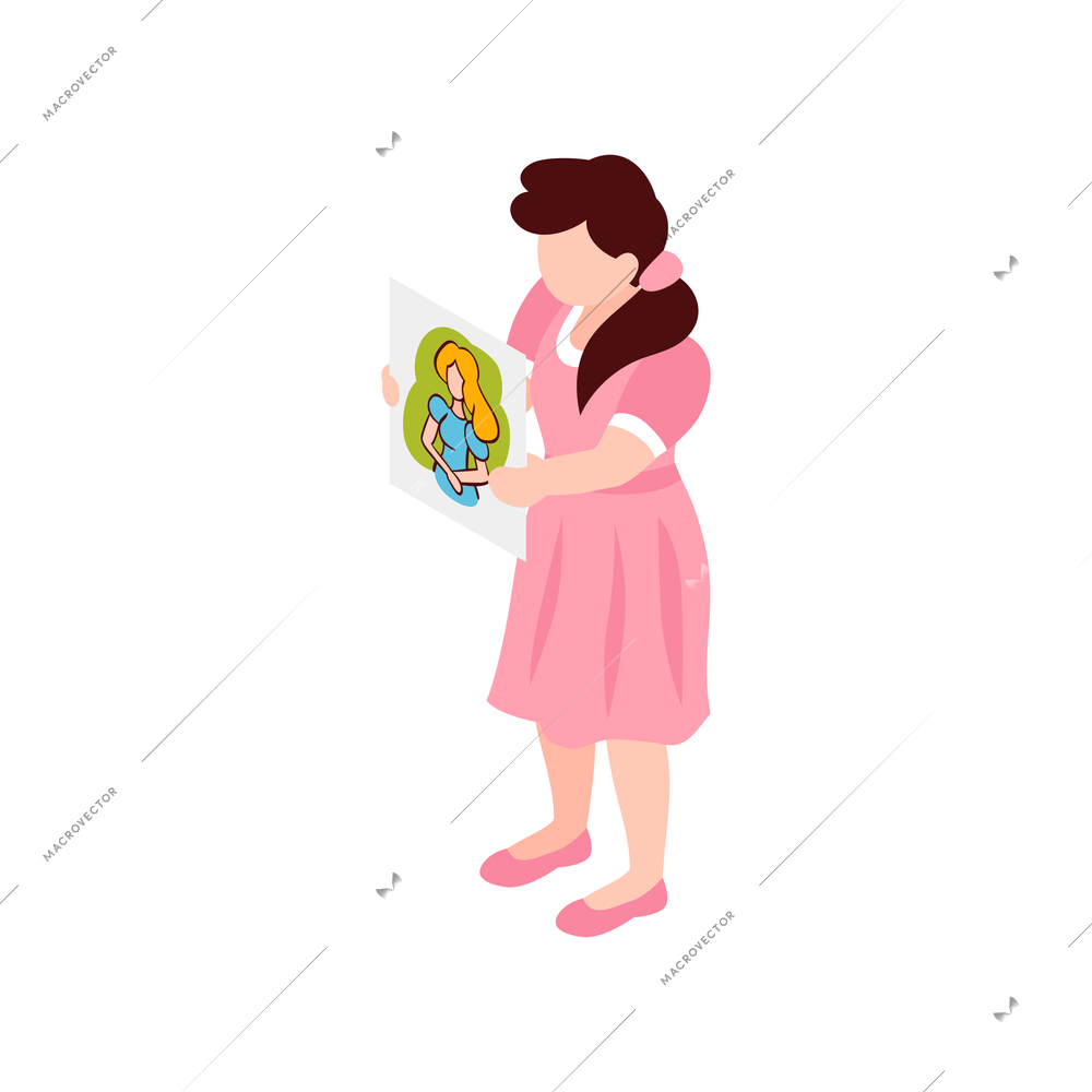 Girl holding white paper with colorful drawing 3d isometric vector illustration