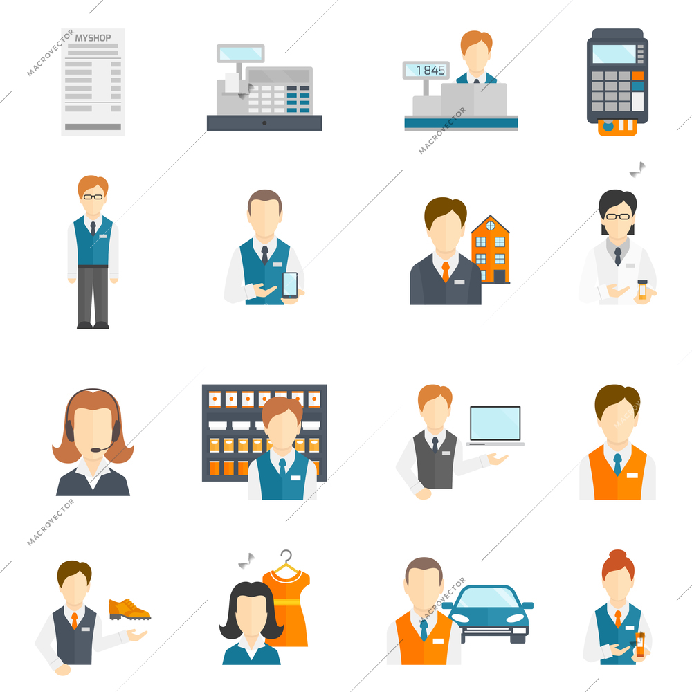 Salesman business figures icons flat set isolated vector illustration
