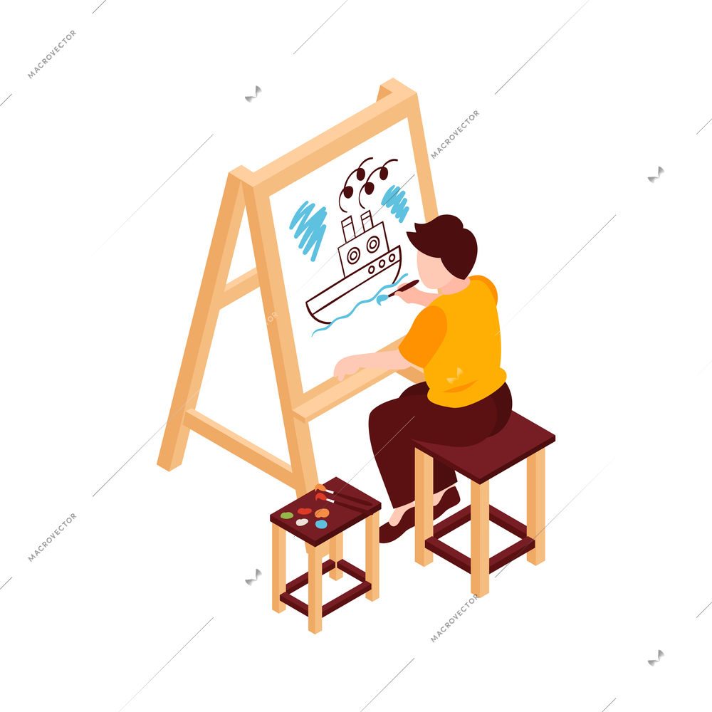 Boy drawing ship with paints on easel at art lesson 3d isometric vector illustration