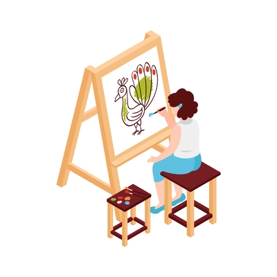 Art school lesson isometric icon with girl painting on easel 3d vector illustration