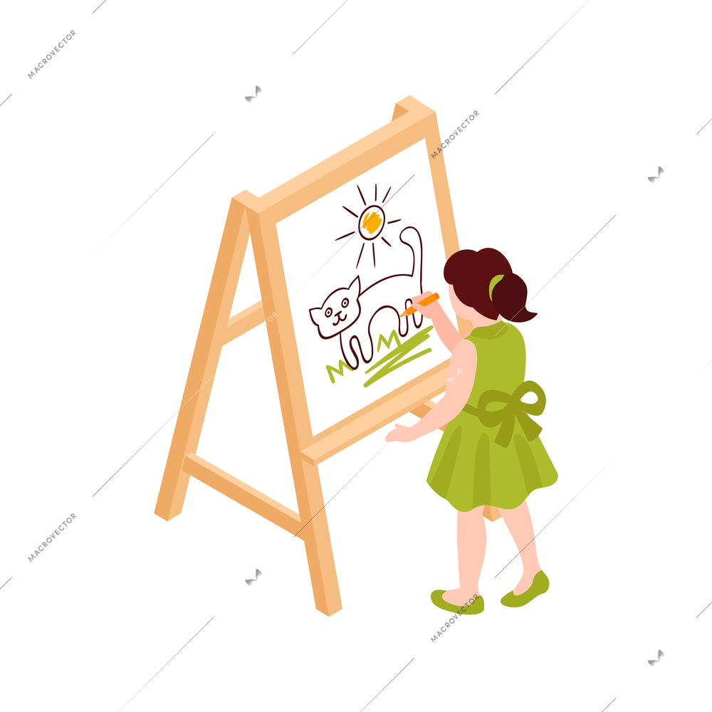 Child drawing picture on easel at art lesson 3d isometric vector illustration