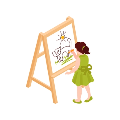Child drawing picture on easel at art lesson 3d isometric vector illustration