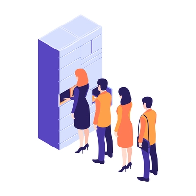 People standing in line at electronic pickup point 3d isometric vector illustration