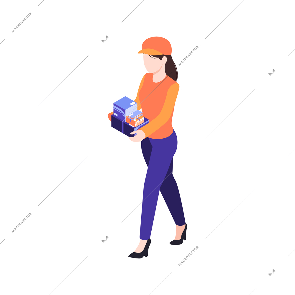 Female postal or pickup point employee carrying boxes 3d isometric vector illustration