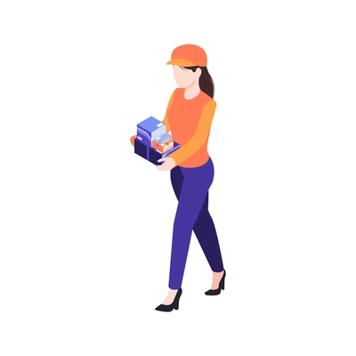 Female postal or pickup point employee carrying boxes 3d isometric vector illustration