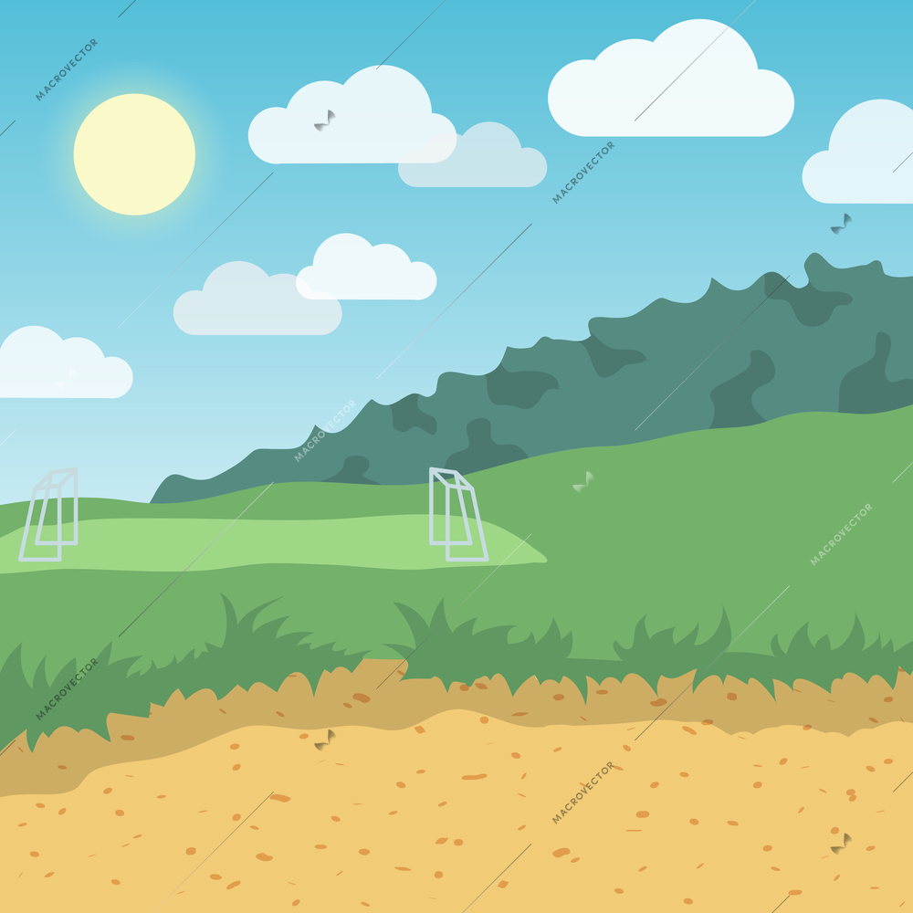 Outdoor summer day location with distant football playground background vector illustration