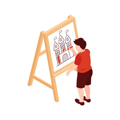 Art lesson isometric icon with 3d kid painting on easel vector illustration