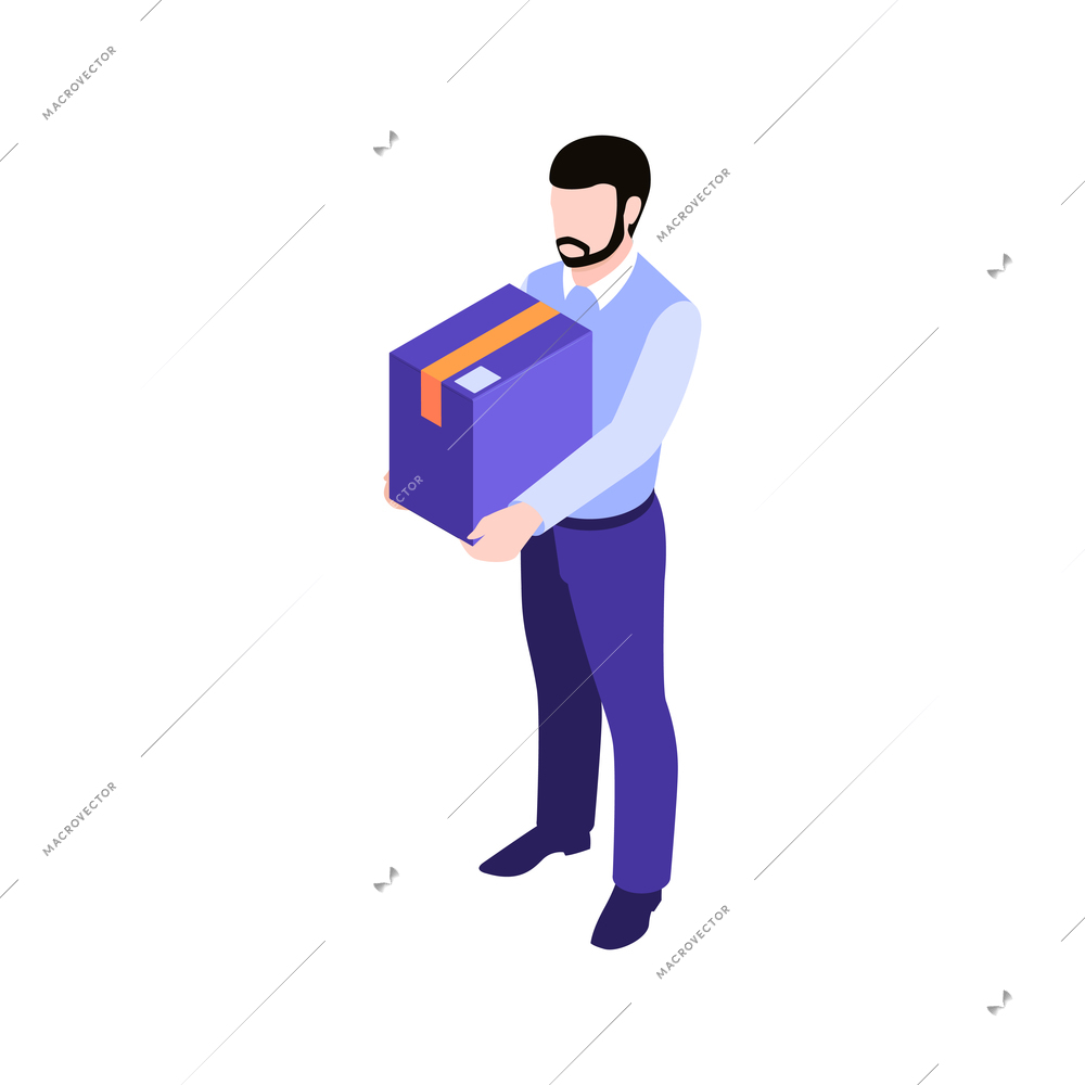 Isometric man holding big parcel box 3d single vector illustration